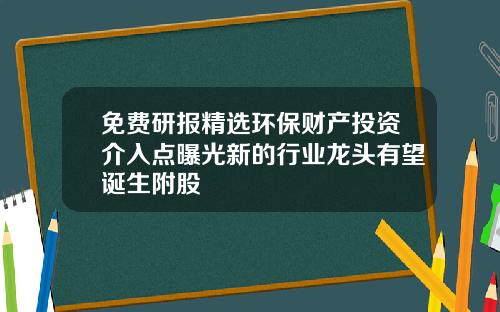 免费研报精选环保财产投资介入点曝光新的行业龙头有望诞生附股